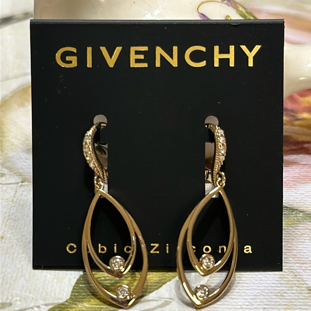 Givenchy Huggies pierced hoops earrings Cubic Zircona set in gold metal-1 1/2”